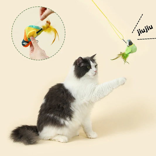 Simulation Bird Interactive Funny Cat Stick Toy Furry Feather Bird Sucker Cat Stick Toy Kitten Playing Pet Accessories