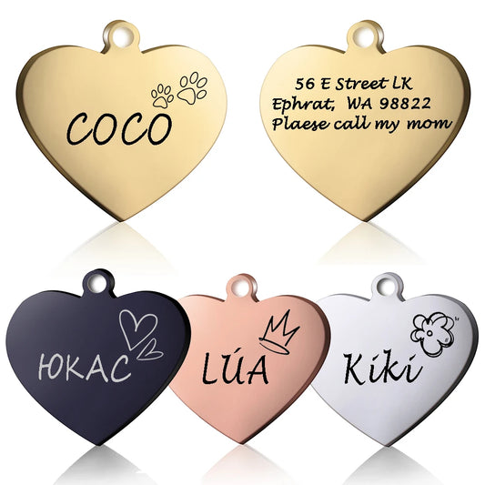 Custom ID Heart Tag Personalized Cat Collar Pendant Engraved Pet Name Necklace Chain Charm