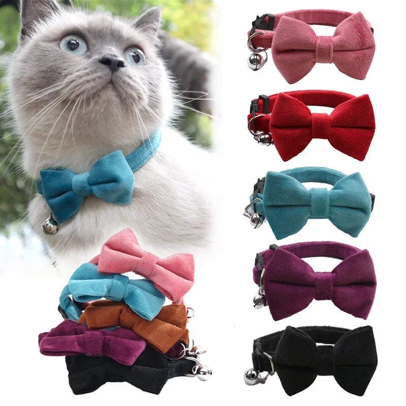 Velvet Cat Collar Solid Color Bowknot with Bell Adjustable Safety Buckle Cats Bow Tie Pets Accessories