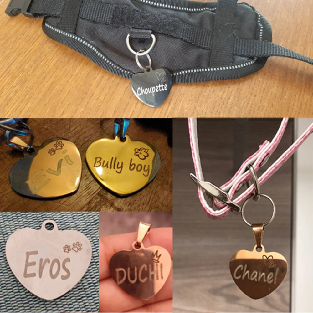 Custom ID Heart Tag Personalized Cat Collar Pendant Engraved Pet Name Necklace Chain Charm