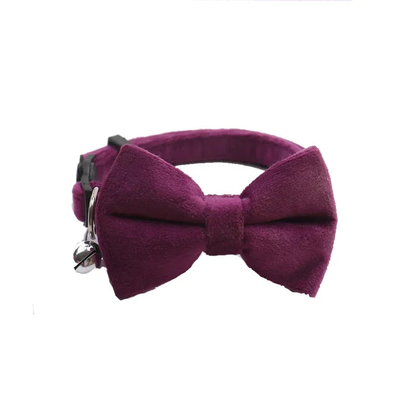 Velvet Cat Collar Solid Color Bowknot with Bell Adjustable Safety Buckle Cats Bow Tie Pets Accessories