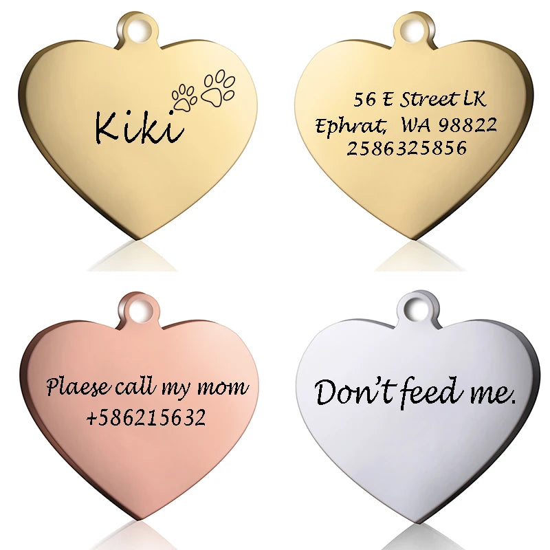 Custom ID Heart Tag Personalized Cat Collar Pendant Engraved Pet Name Necklace Chain Charm