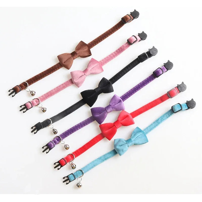 Velvet Cat Collar Solid Color Bowknot with Bell Adjustable Safety Buckle Cats Bow Tie Pets Accessories