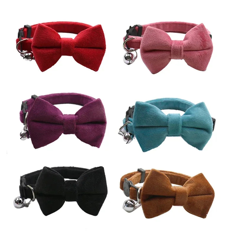 Velvet Cat Collar Solid Color Bowknot with Bell Adjustable Safety Buckle Cats Bow Tie Pets Accessories