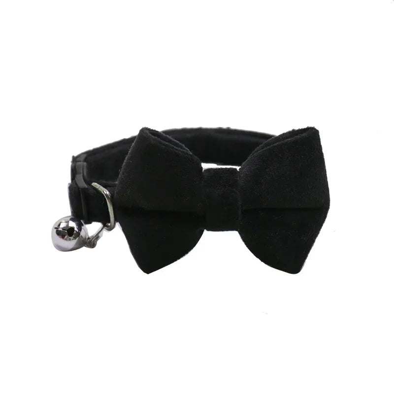 Velvet Cat Collar Solid Color Bowknot with Bell Adjustable Safety Buckle Cats Bow Tie Pets Accessories