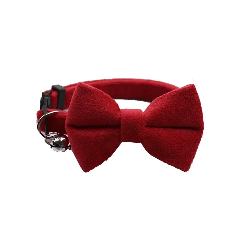 Velvet Cat Collar Solid Color Bowknot with Bell Adjustable Safety Buckle Cats Bow Tie Pets Accessories