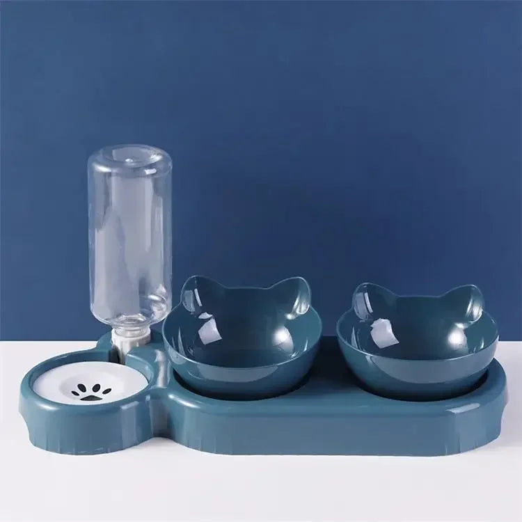 Pet Cat Bowl Automatic Feeder 3-in-1 Cat Food Bowl With Water Fountain Double Bowl Drinking Raised Stand Dish Bowls For Cats