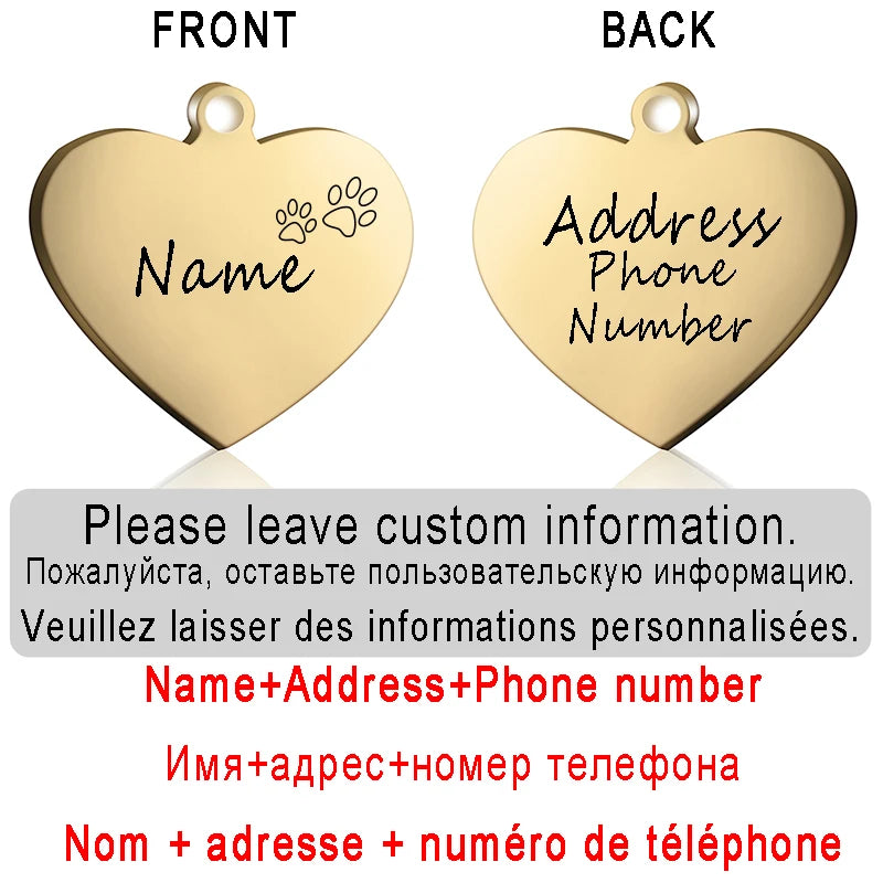 Custom ID Heart Tag Personalized Cat Collar Pendant Engraved Pet Name Necklace Chain Charm