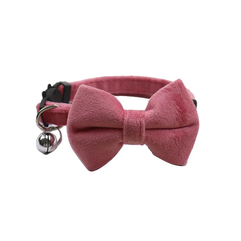 Velvet Cat Collar Solid Color Bowknot with Bell Adjustable Safety Buckle Cats Bow Tie Pets Accessories